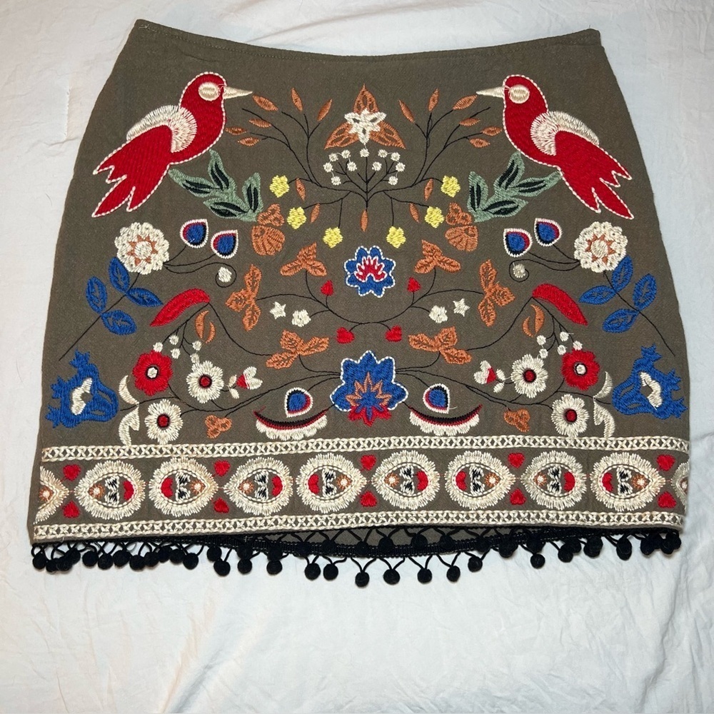 Altar'd State Olive Embroidered Mini Skirt with Red & Blue Bird Motif